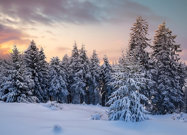 Papel pintado de paisaje invernal con bosque de pinos cubierto de nieve y cielo escénico al atardecer