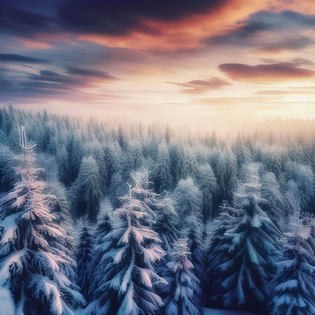 Papel pintado de paisaje de invierno con bosque de pinos cubierto de nieve y cielo panorámico al atardecer