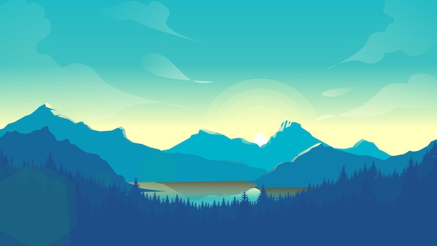 Papel pintado de paisaje de montaña azul en un estilo de diseño plano minimalista