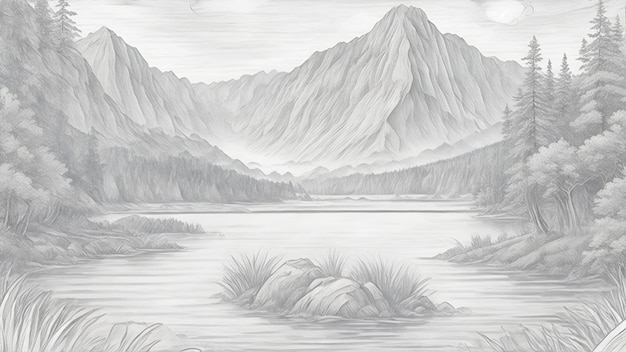 Foto papel pintado con un paisaje de montaña en blanco y gris.