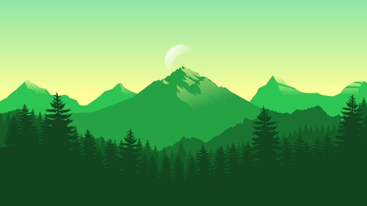 Papel pintado de paisaje de montaña verde en un estilo de diseño plano minimalista