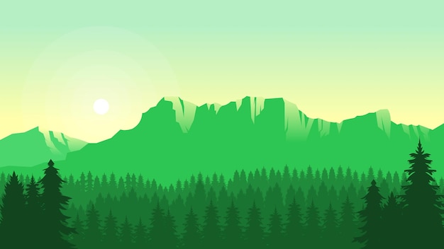 Papel pintado de paisaje de montaña verde en un estilo de diseño plano minimalista