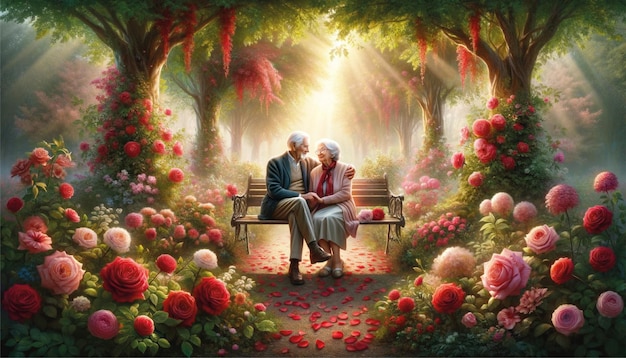 Papel pintado romántico con temática del Día de San Valentín con una pareja de ancianos