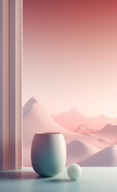 Un papel pintado rosa con una escena del desierto y un jarrón con montañas de fondo.