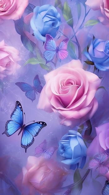 Papel pintado rosas y mariposas violeta
