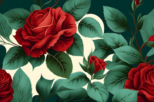 Un papel pintado con rosas rojas y hojas verdes.