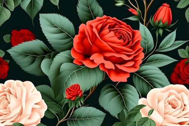 Un papel pintado con rosas rojas y hojas verdes.