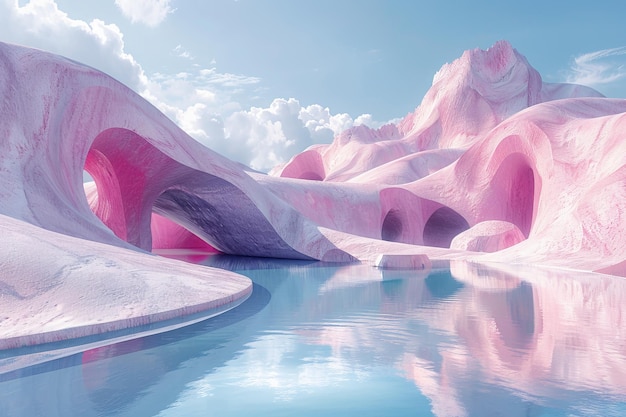Foto papel pintado surrealista de paisaje montañoso rosado y azul fondo ia generativa