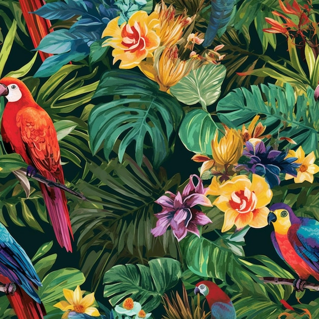 Un papel pintado tropical con loros y flores.