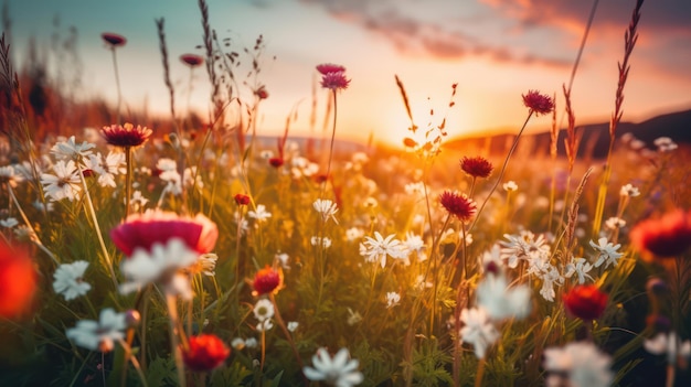 Papel pintado de verano Flores silvestres iluminadas por el sol de la tarde.