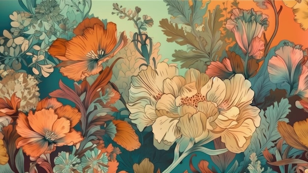 Papel pintado vintage colorido con vibraciones retro disco y flores botánicas