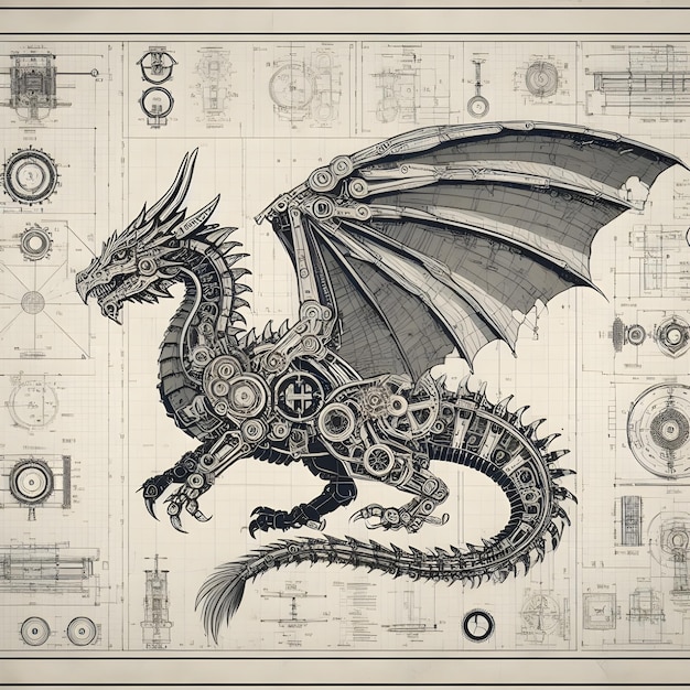 Papel plano de un dragón mecánico