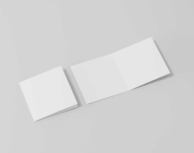 Papel plegado de dos hojas en blanco en el folleto cuadrado de fondo vacío representación 3d del folleto de dos pliegues