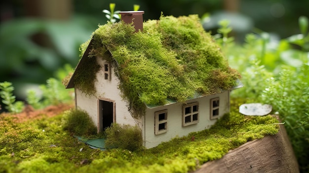 Un papel privado colocado sobre un lecho de vegetación en un aspecto que parece una casa ecológica. Recurso creativo Generado por IA.