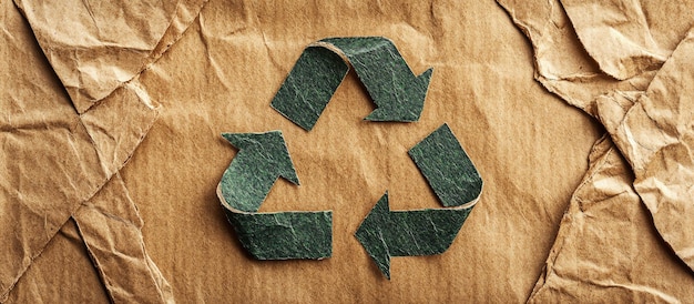 Papel reciclado con un símbolo de reciclaje verde sobre un fondo marrón arrugado concepto ecológico