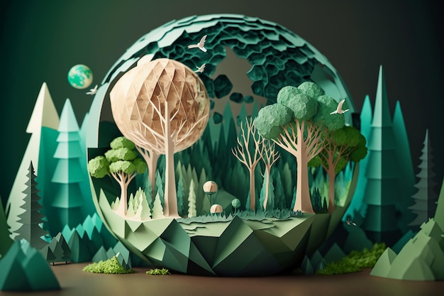 Un papel recortado de un bosque con un planeta al fondo.