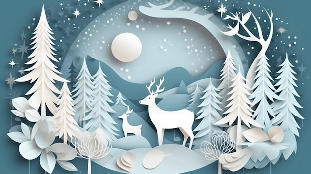 Papel recortado de uma cena de inverno com veado e um veado.