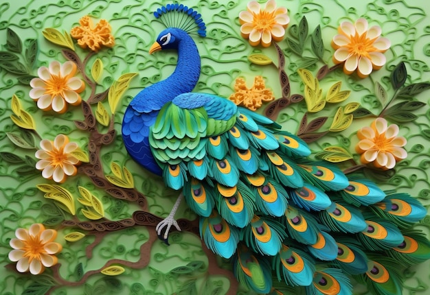 Un papel recortado de un pavo real con flores.