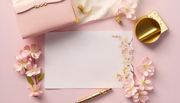 Papel rosa con un bolígrafo dorado y una tarjeta con flores rosas.