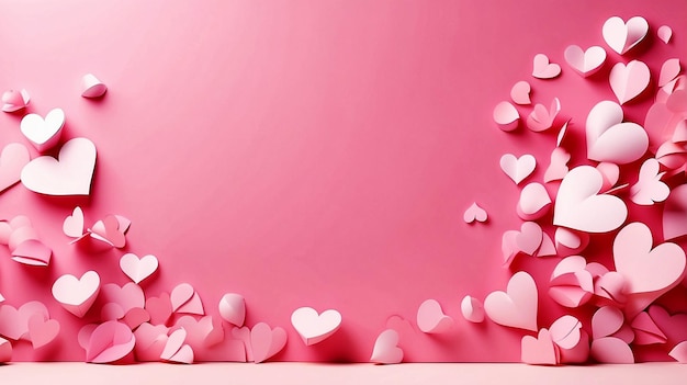 El papel rosa y los corazones rojos vuelan en el fondo de color rosa suave el borde copia el espacio día de San Valentín conce