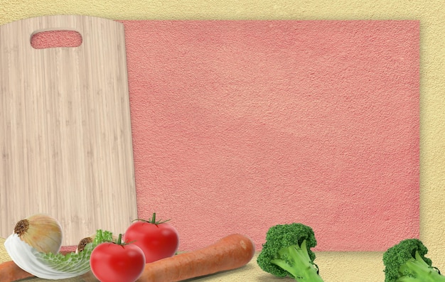 Un papel rosa con una foto de verduras y una tabla de madera con la palabra amor en ella
