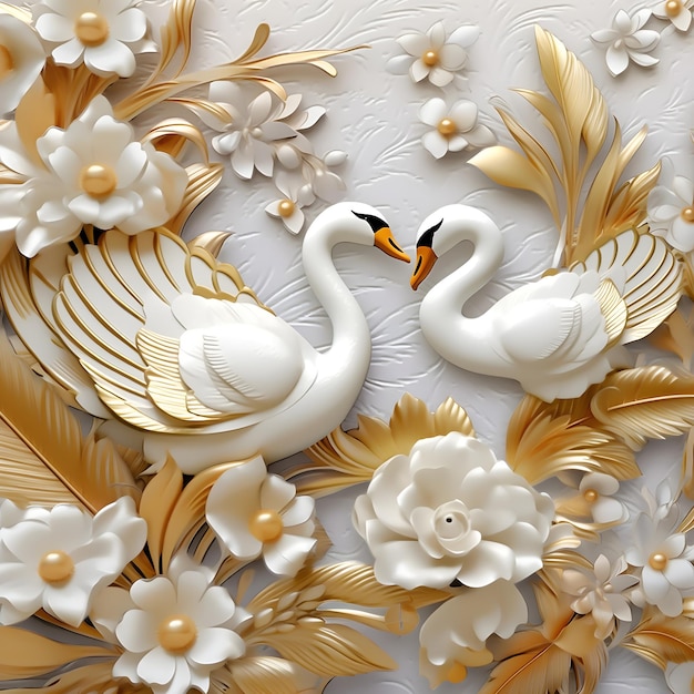 papel tapiz 3d con un cisne dorado y blanco y flores en él