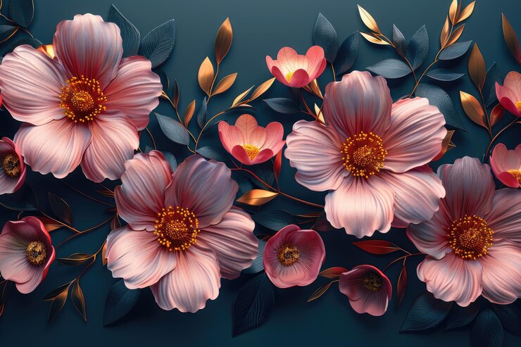 papel tapiz 3D con flores doradas y rosadas y un patrón de fondo de círculo 3D en la superficie