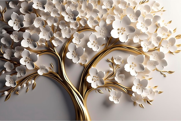 Papel tapiz 3d fondo de árbol floral con hojas de flores blancas y tallo dorado pared interior decoración del hogar generar ai