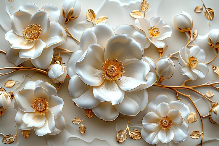 papel tapiz 3D con fondo dorado incluyendo flores