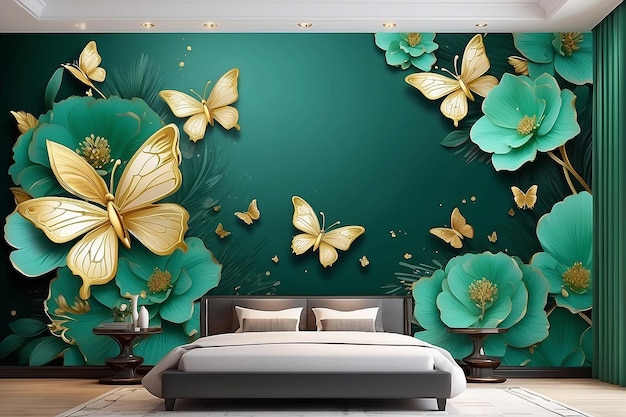 papel tapiz 3d fondo floral abstracto con flores verdes y mural de mariposa dorada para el interior del hogar
