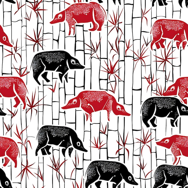 un papel tapiz con animales y bambú en rojo y negro