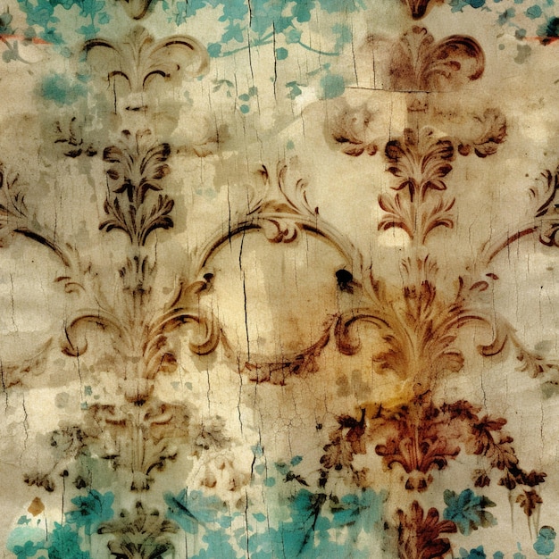 Papel tapiz arafed con un diseño floral sobre un piso de madera ai generativo.