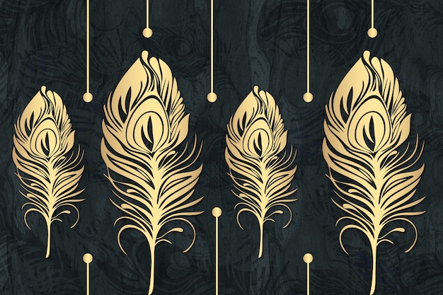 Papel tapiz de arte mural moderno 3d plumas doradas en fondo negro decorativo