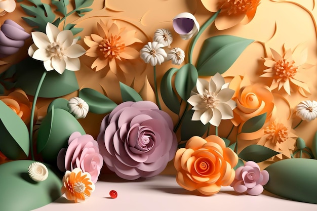 Papel tapiz artesanal floral 3d naranja rosa flores verdes y amarillas en fondo claro para la decoración de la pared de la habitación de los niños generar ai