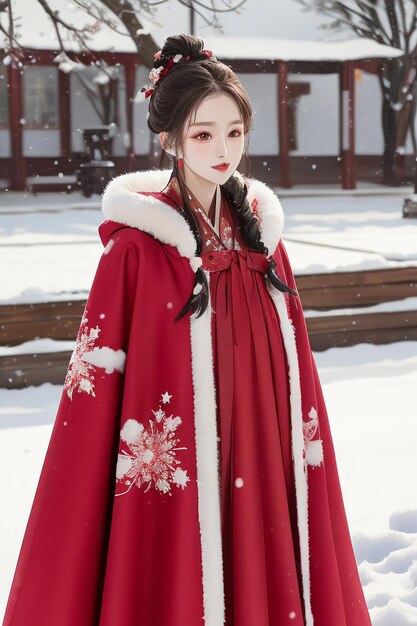 Papel tapiz belleza clásica china con chaqueta Hanfu cheongsam en el frío invierno y la nieve