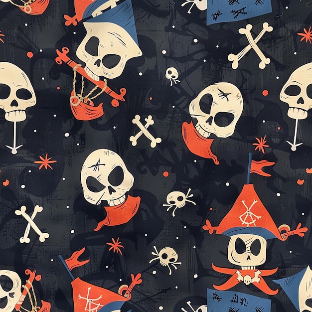 un papel tapiz blanco y negro con calaveras y símbolos piratas