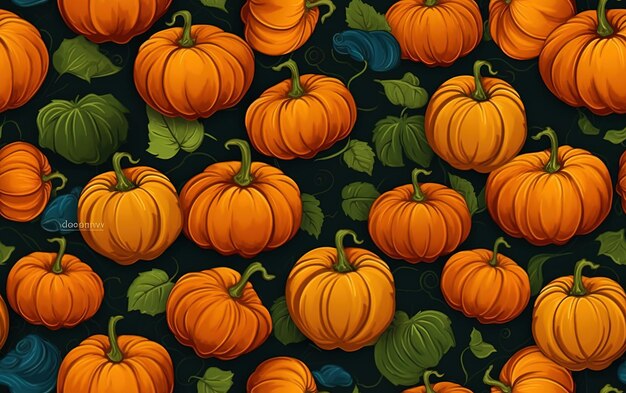 un papel tapiz de calabazas con hojas verdes y hojas de naranja