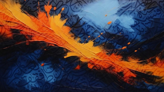 papel tapiz de caligrafía árabe en un lienzo de pintura al óleo azul con un fondo entrelazado negro