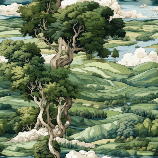 El papel tapiz caprichoso de los árboles en un valle cubierto de azulejos