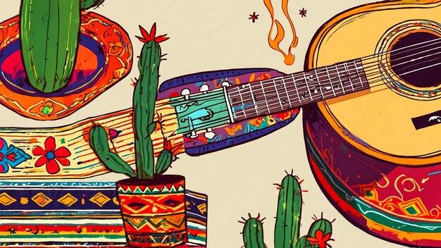 Foto un papel tapiz colorido con una guitarra y un cactus