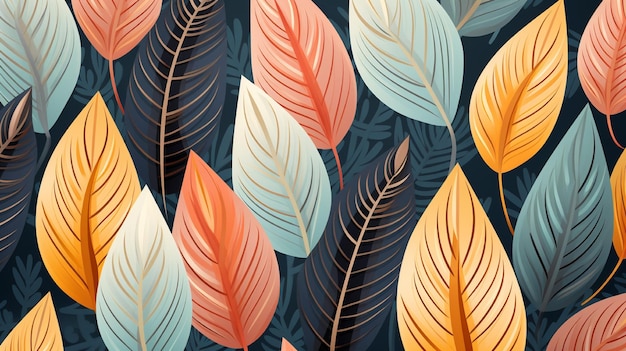 un papel tapiz colorido con hojas y una pluma de pavo real