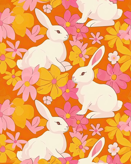 un papel tapiz con un conejo y flores