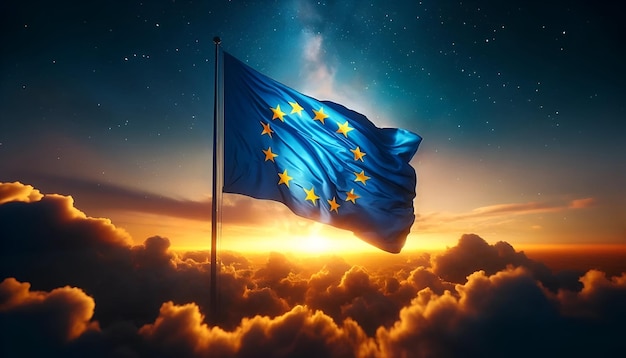 Papel tapiz para el Día de Europa con la bandera de la Unión Europea ondeando sobre las nubes