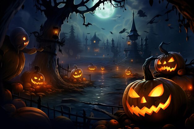 Papel tapiz elaborado de dibujos animados de Halloween con elementos detallados
