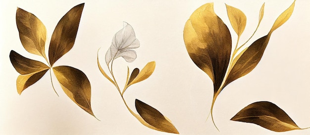 Papel tapiz de estilo minimalista de lujo con flores de arte dorado y hojas de acuarela.