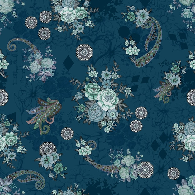 un papel tapiz floral azul con un diseño de dragón y dragón