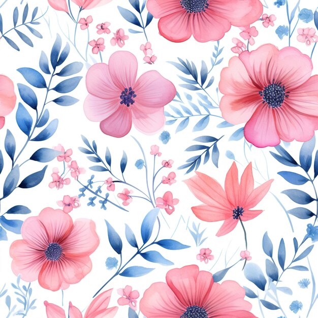 un papel tapiz floral con flores y hojas rosas y azules