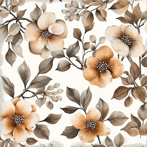Un papel tapiz floral con flores marrones y blancas
