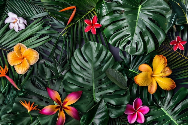 Papel tapiz floral tropical con varias flores de colores