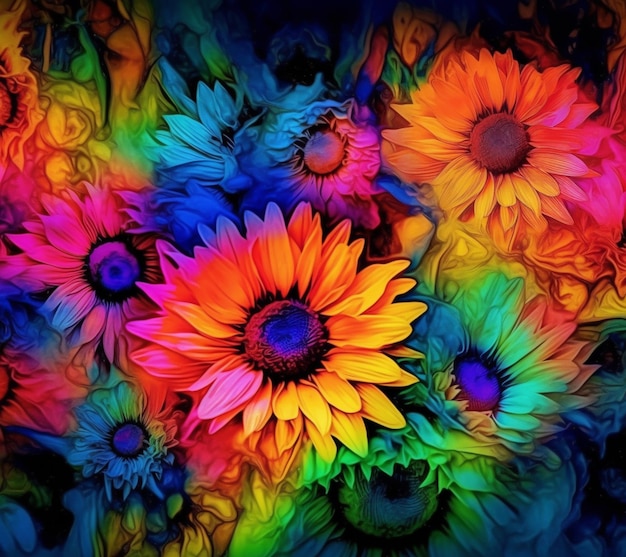 Un papel tapiz de flores de colores con un fondo de arcoíris y un fondo negro con un fondo de arcoíris.